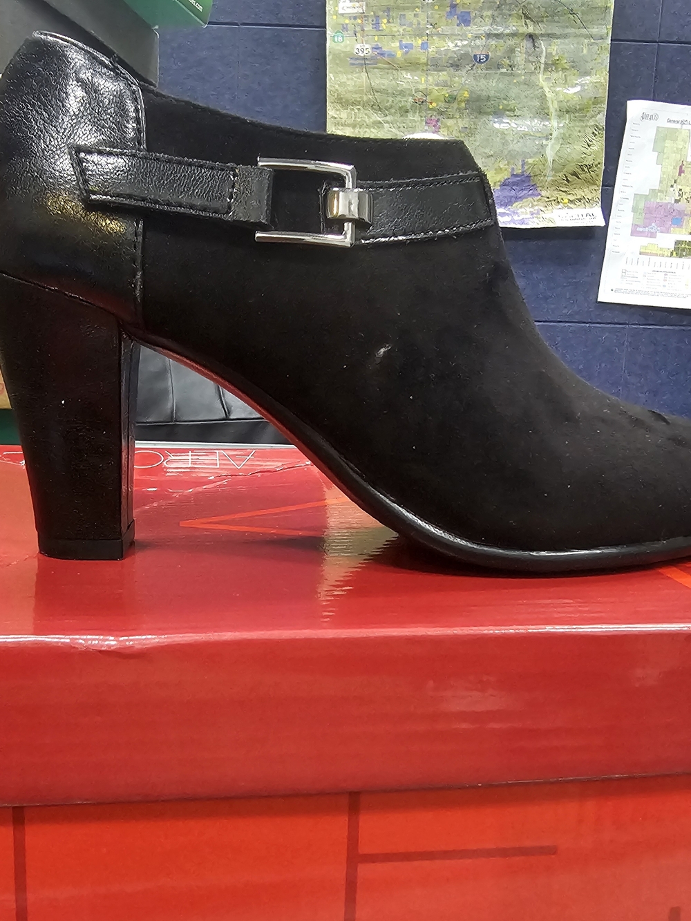 AEROSOLES Black Suede Ankle Boot with Silver Buckle